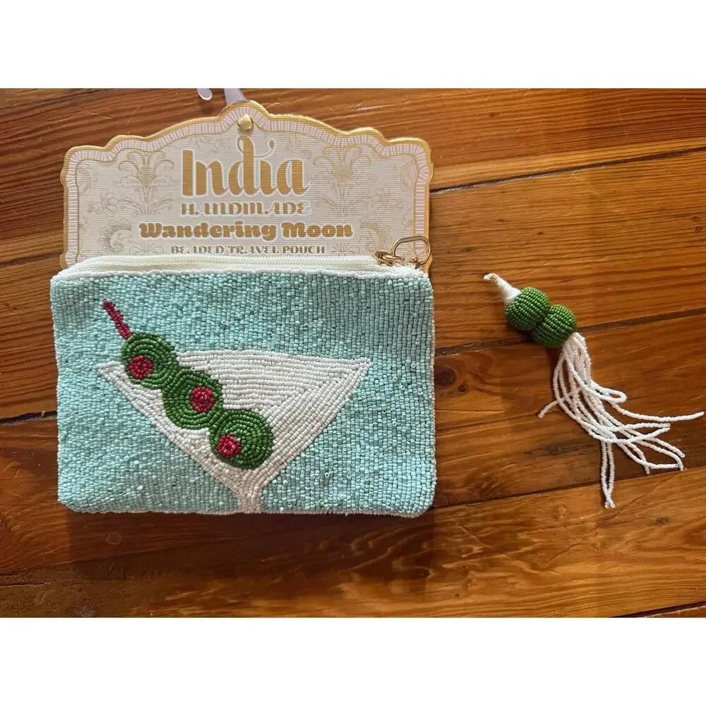 NWT Wandering Moon Beaded Martini Travel Pouch Handmade India Clutch Bag